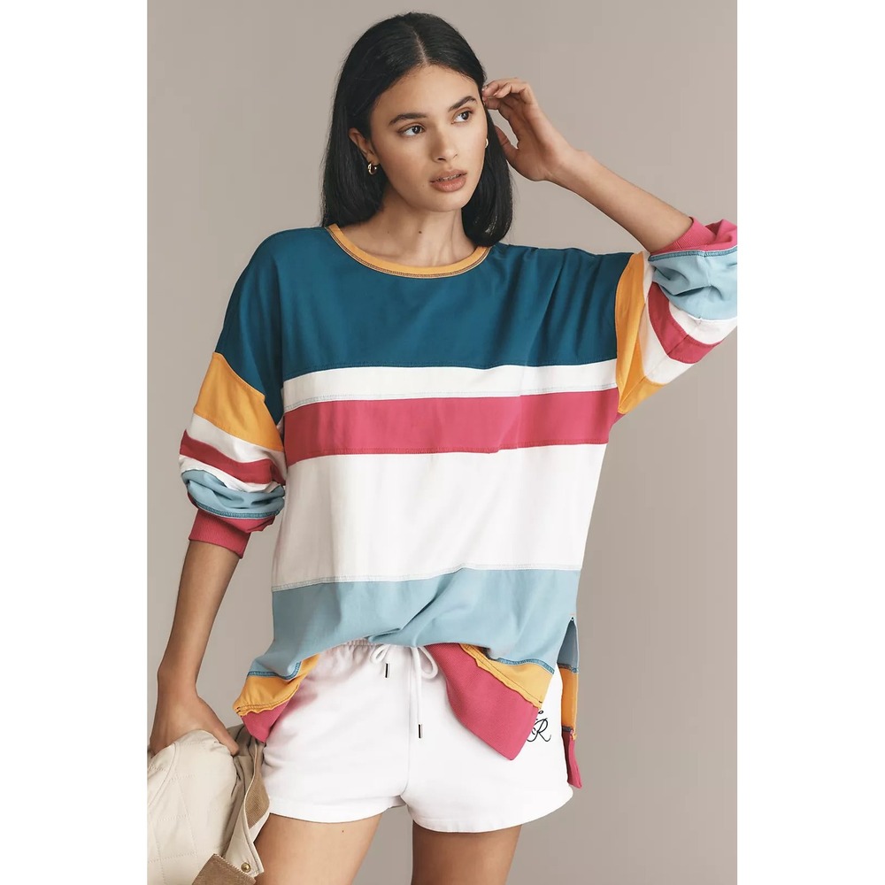 Pilcro Long Sleeve Cotton Tee Women Medium Multicolor Seamed Colorblock